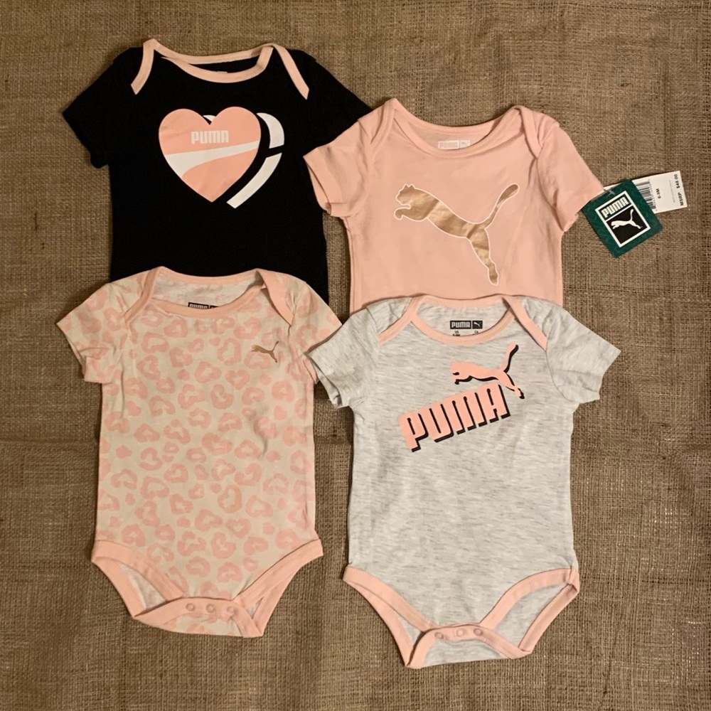 PUMA 4 pack bodysuits, pink, black & gray, 6-9 mo.